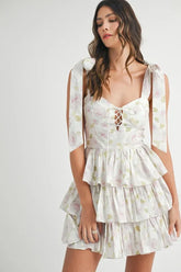 MABLE Floral Print Shoulder Tie Layered Mini Dress OutfitFlow
